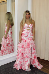 Pink Floral Keyholes Mermaid Ruffle Prom Dress