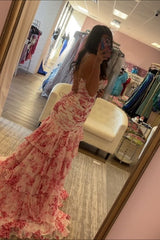 Pink Floral Keyholes Mermaid Ruffle Prom Dress