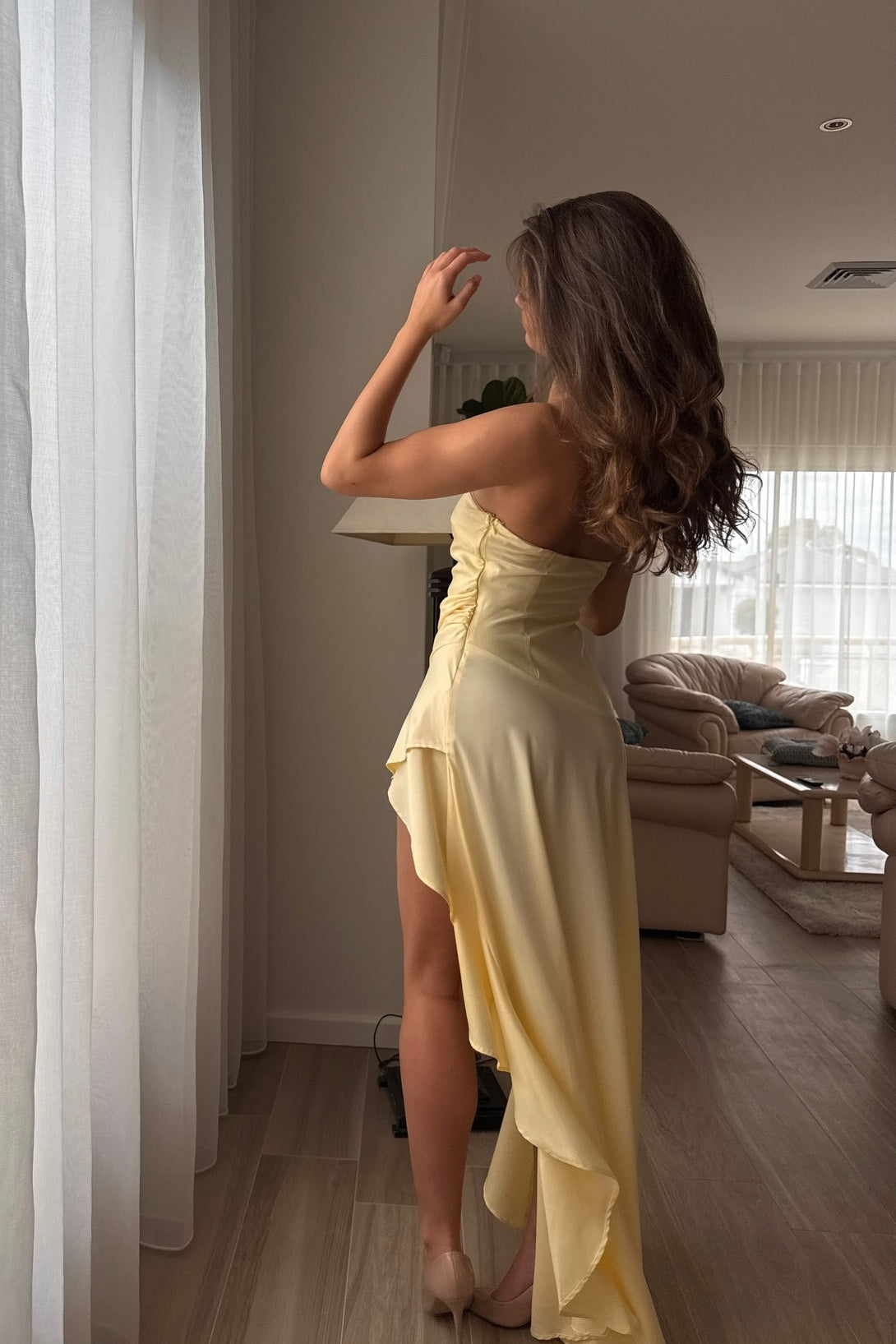 Strapless Yellow Asymmetrical Hem Maxi Dress