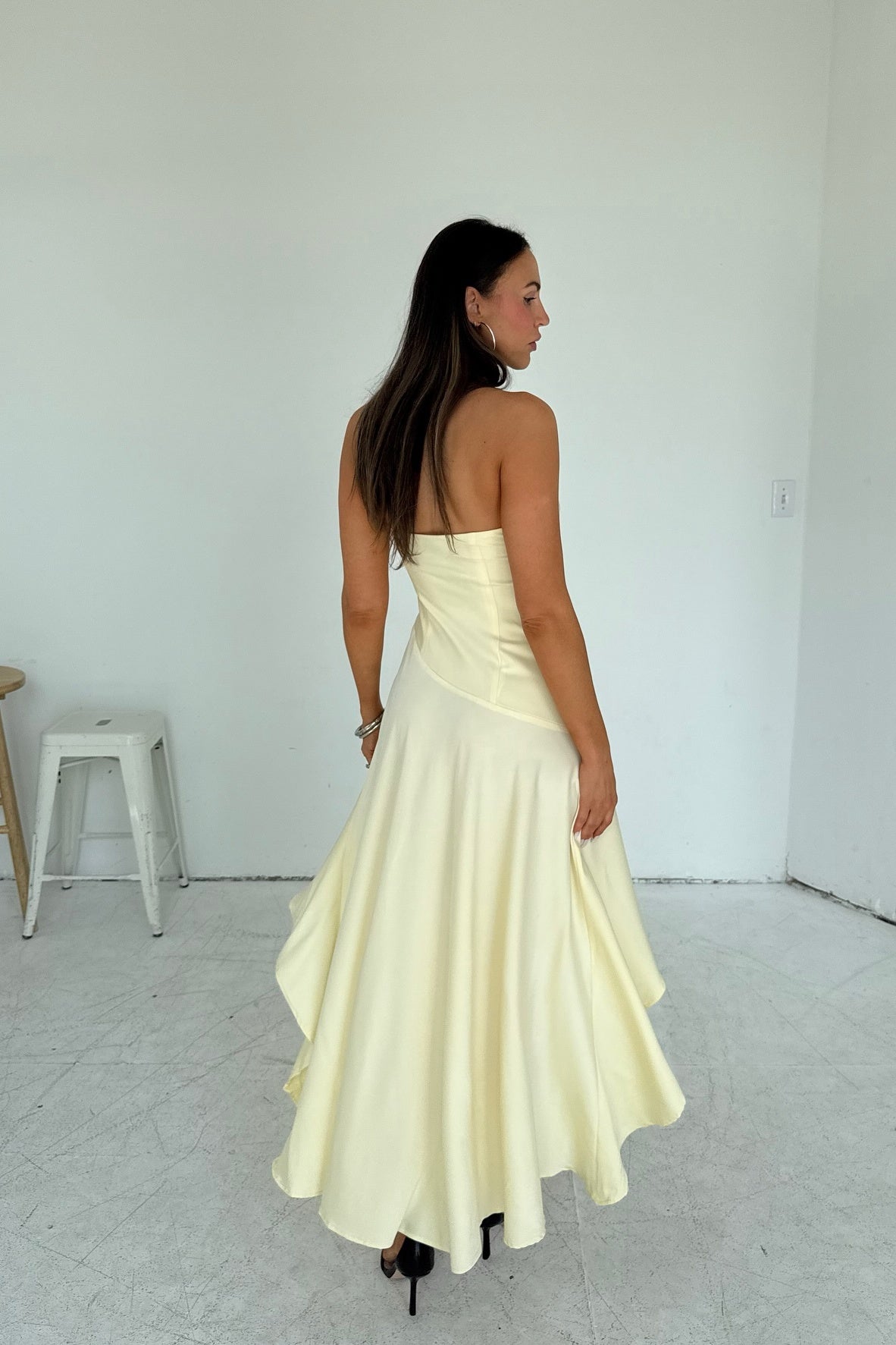 Strapless Yellow Asymmetrical Hem Maxi Dress