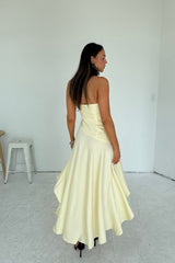 Strapless Yellow Asymmetrical Hem Maxi Dress