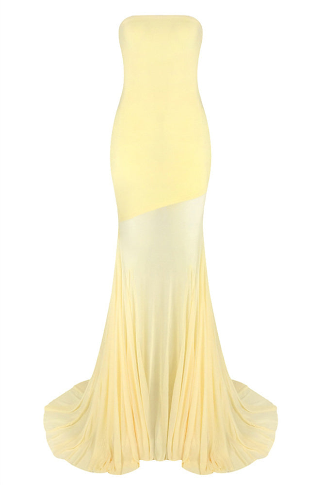 Strapless Yellow Mesh Sheer Long Maxi Dress