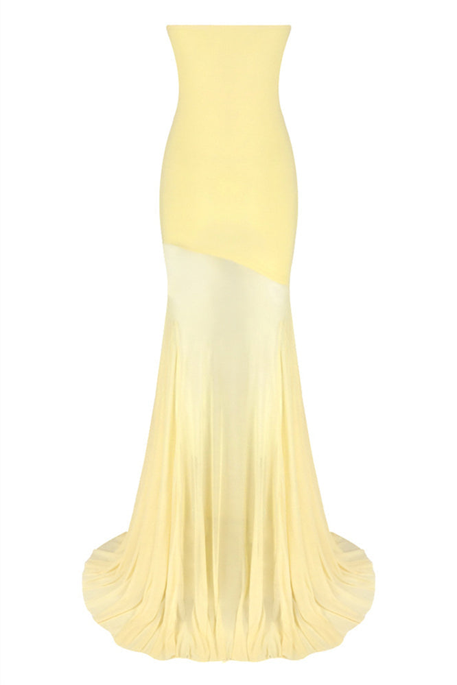 Strapless Yellow Mesh Sheer Long Maxi Dress