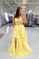 Yellow Corset A-line Ruffle Prom Dress