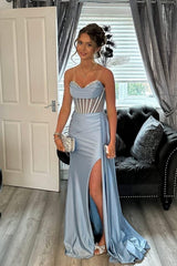 Beaded Blue Corset Ruched Long Prom Dress