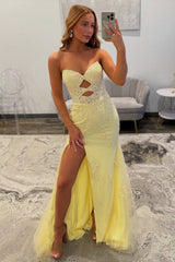 Yellow Lace Appliques Keyholes Fitted Slit Long Dress