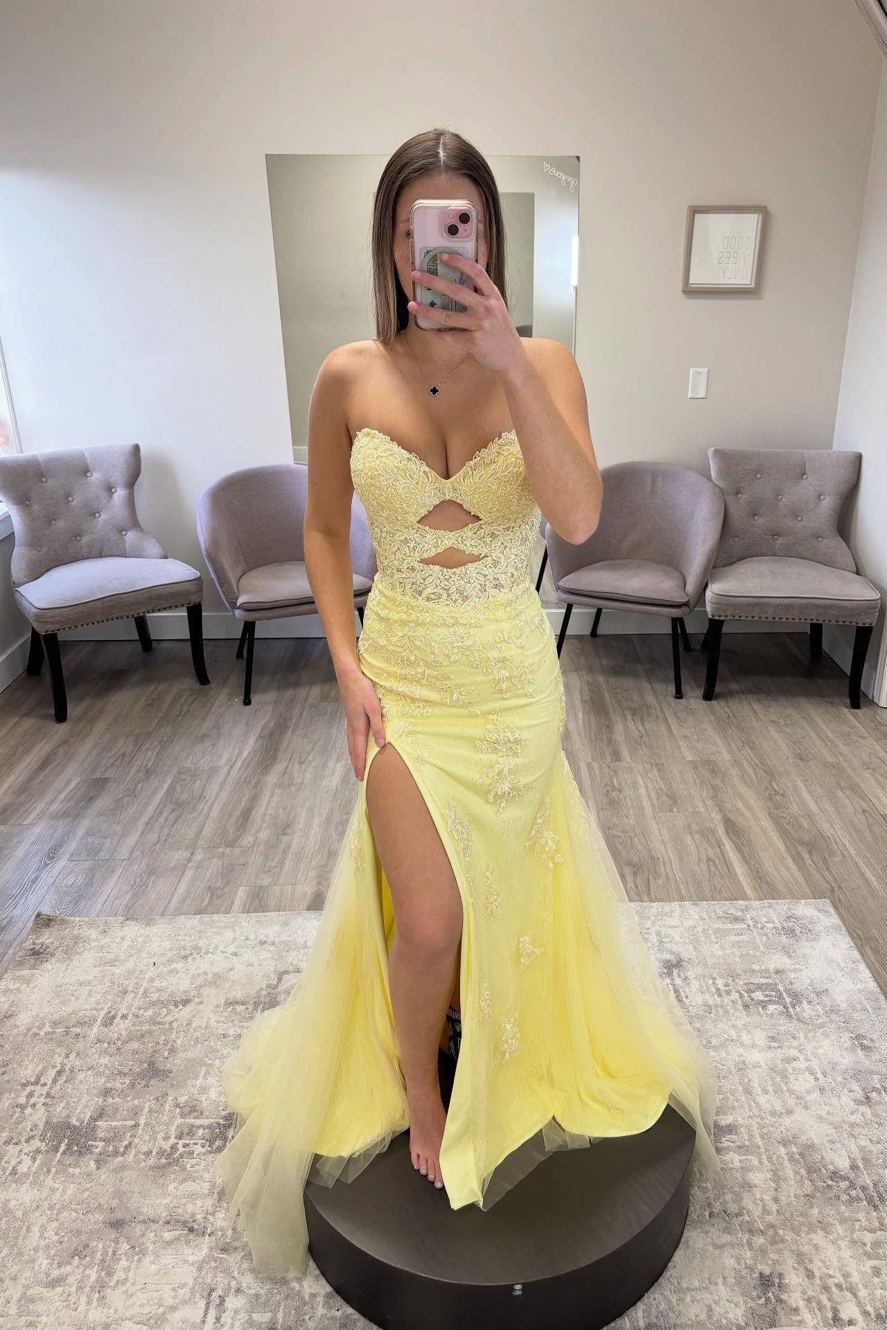 Yellow Lace Appliques Keyholes Fitted Slit Long Dress