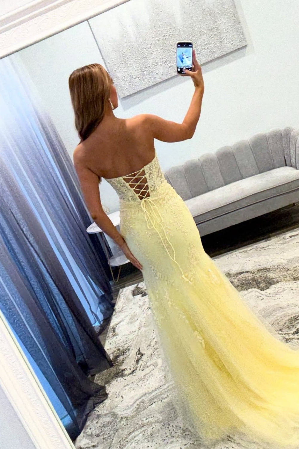 Yellow Lace Appliques Keyholes Fitted Slit Long Dress