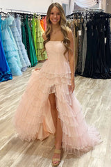 Strapless Light Blue Sequin Tiered A-line Long Dress