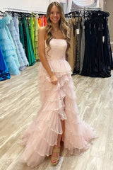 Strapless Light Blue Sequin Tiered A-line Long Dress