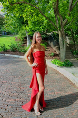 Strapless Pink Fitted Long Formal Dress with Slit