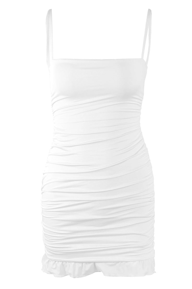 Straps White Ruffled Hem Bodycon Short Dress