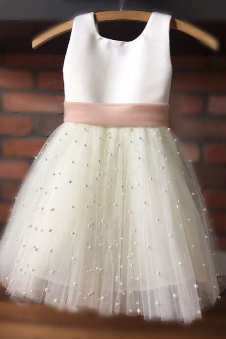 Straps White Tulle Flower Girl Dress with Pearls