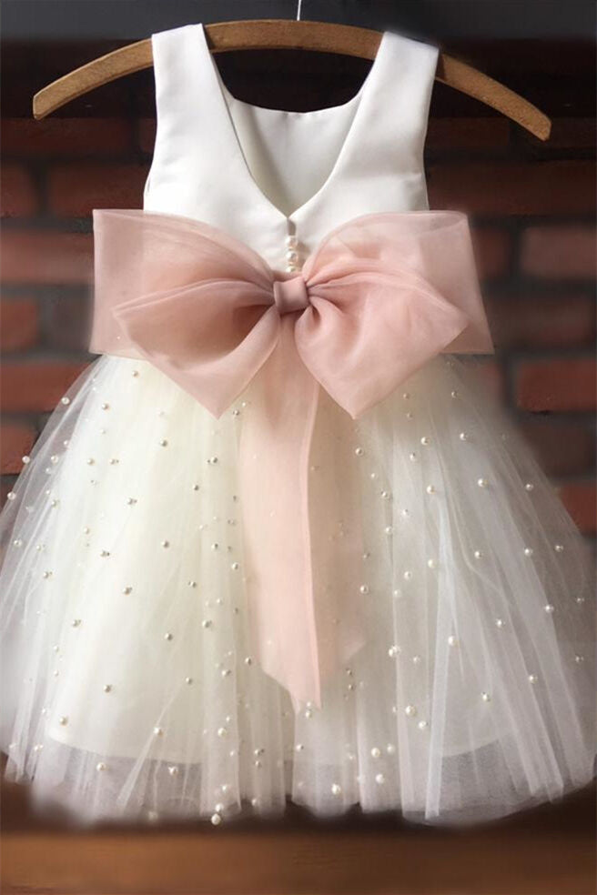 Straps White Tulle Flower Girl Dress with Pearls