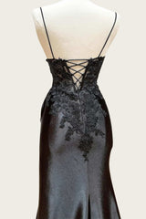Straps Wine Red Appliques Long Dress with Slit
