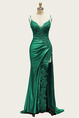 Straps Wine Red Appliques Long Dress with Slit