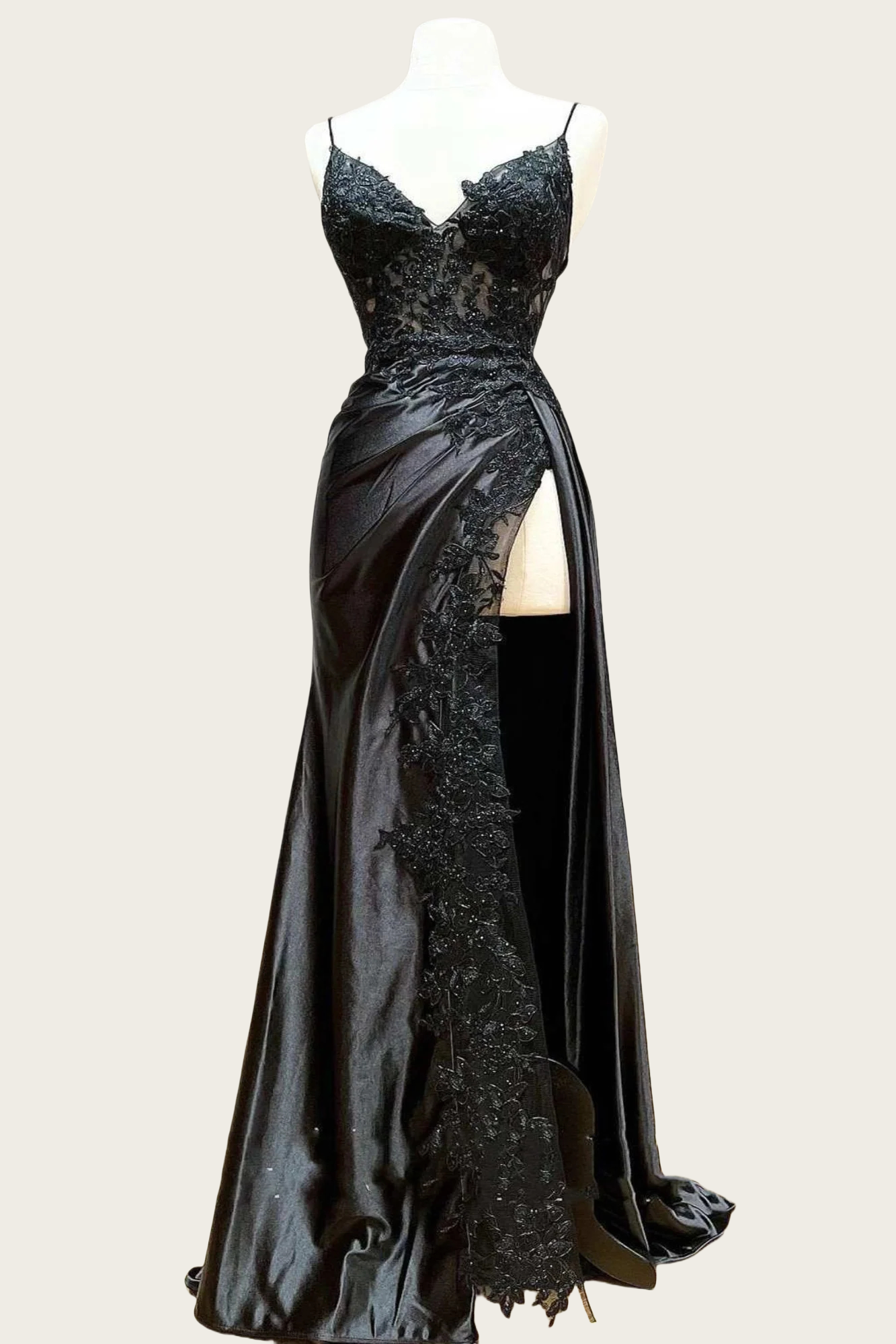 Straps Wine Red Appliques Long Dress with Slit