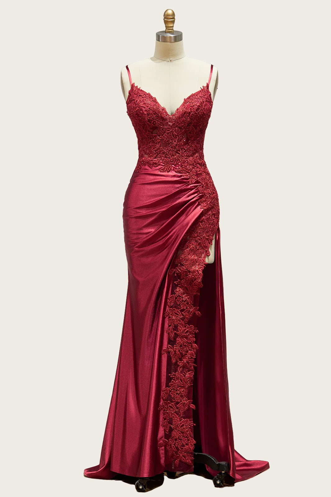 Straps Wine Red Appliques Long Dress with Slit