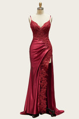 Straps Wine Red Appliques Long Dress with Slit