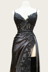 Straps Wine Red Appliques Long Dress with Slit
