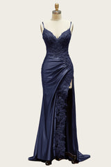 Straps Wine Red Appliques Long Dress with Slit