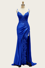 Straps Wine Red Appliques Long Dress with Slit