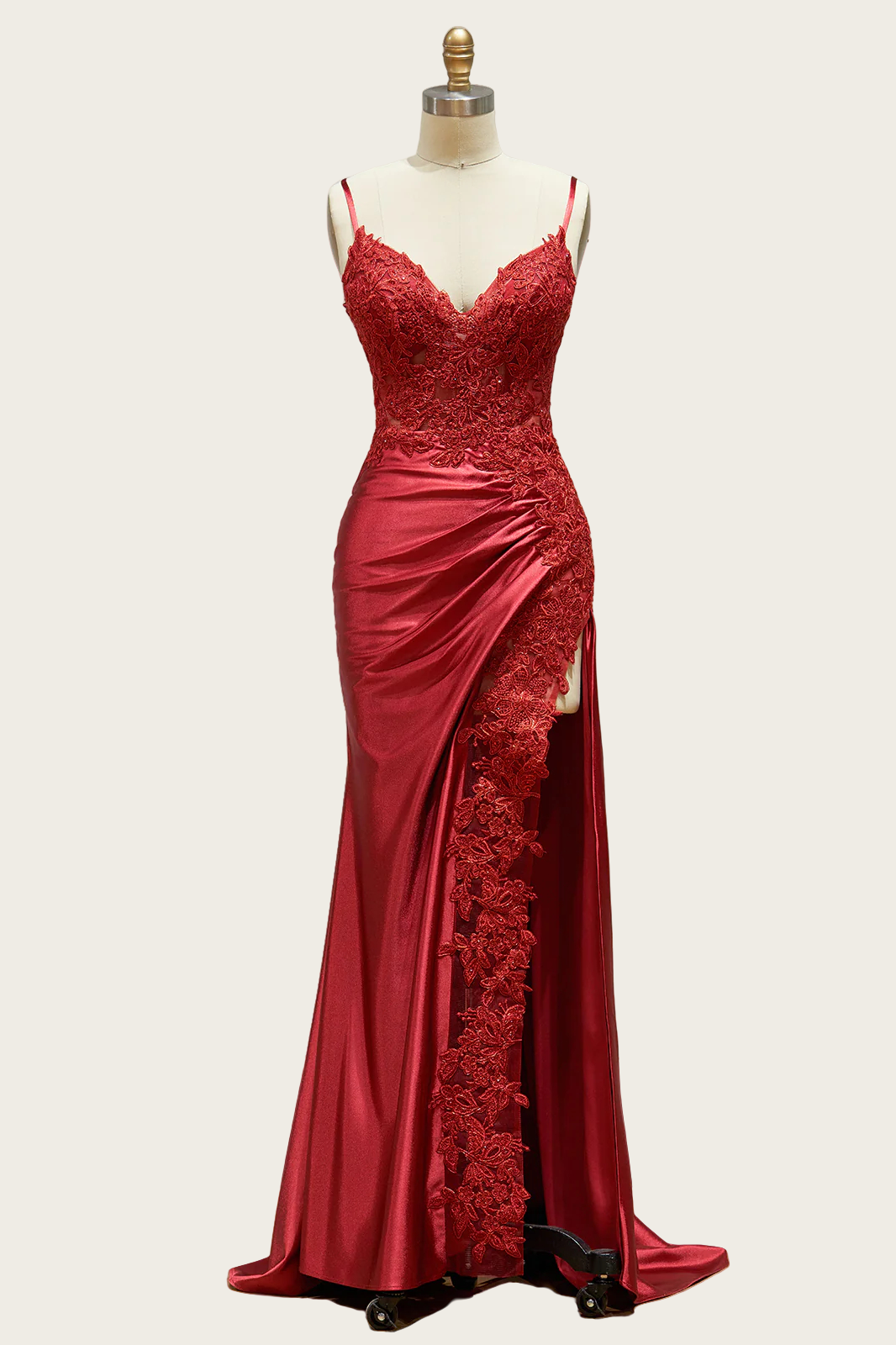 Straps Wine Red Appliques Long Dress with Slit