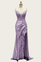 Straps Wine Red Appliques Long Dress with Slit