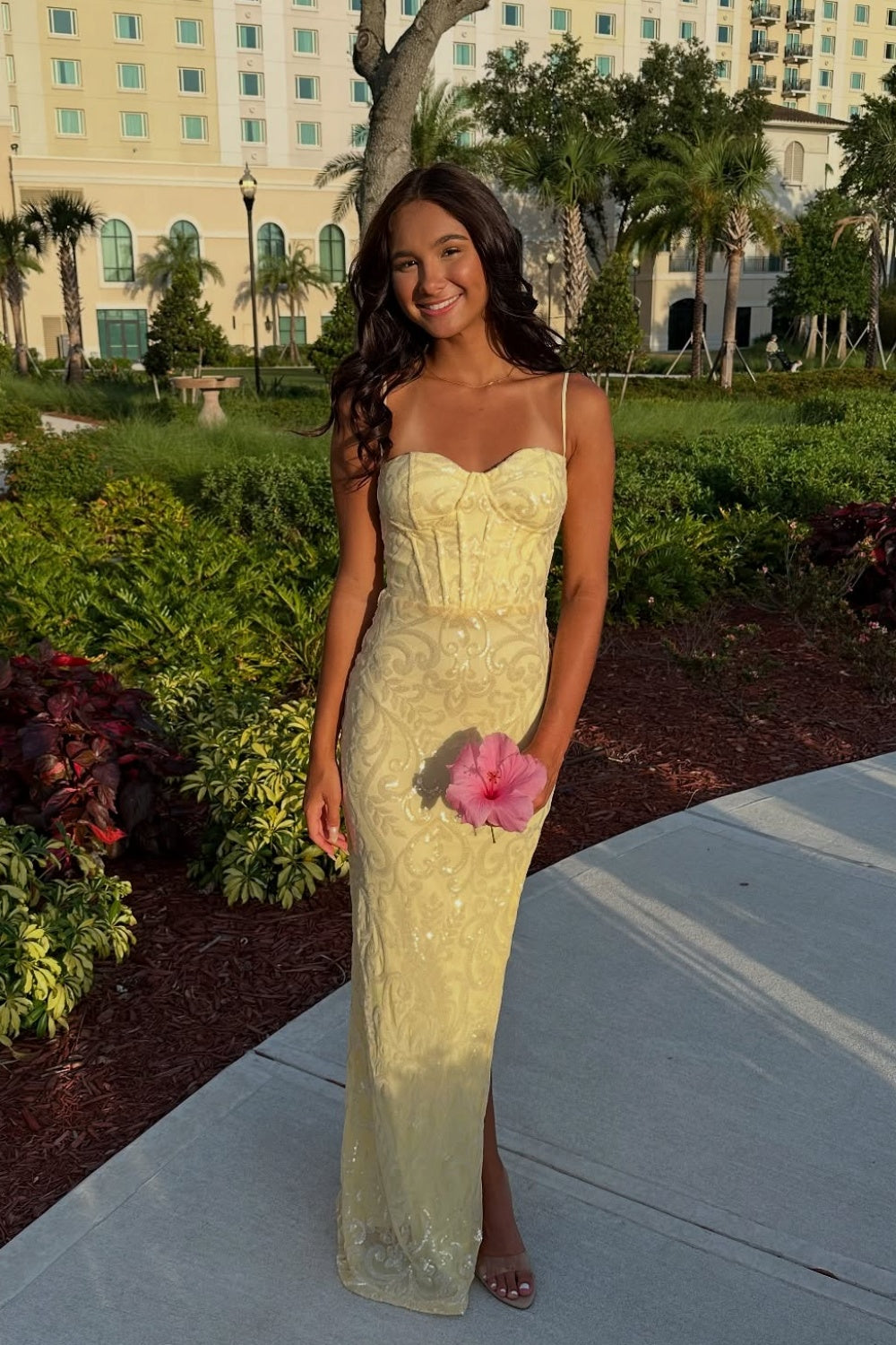 Straps Yellow Sequin Appliques Fitted Long Dress