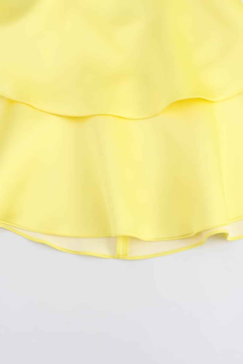 Straps Yellow Tiered Short Dress with Cut-out