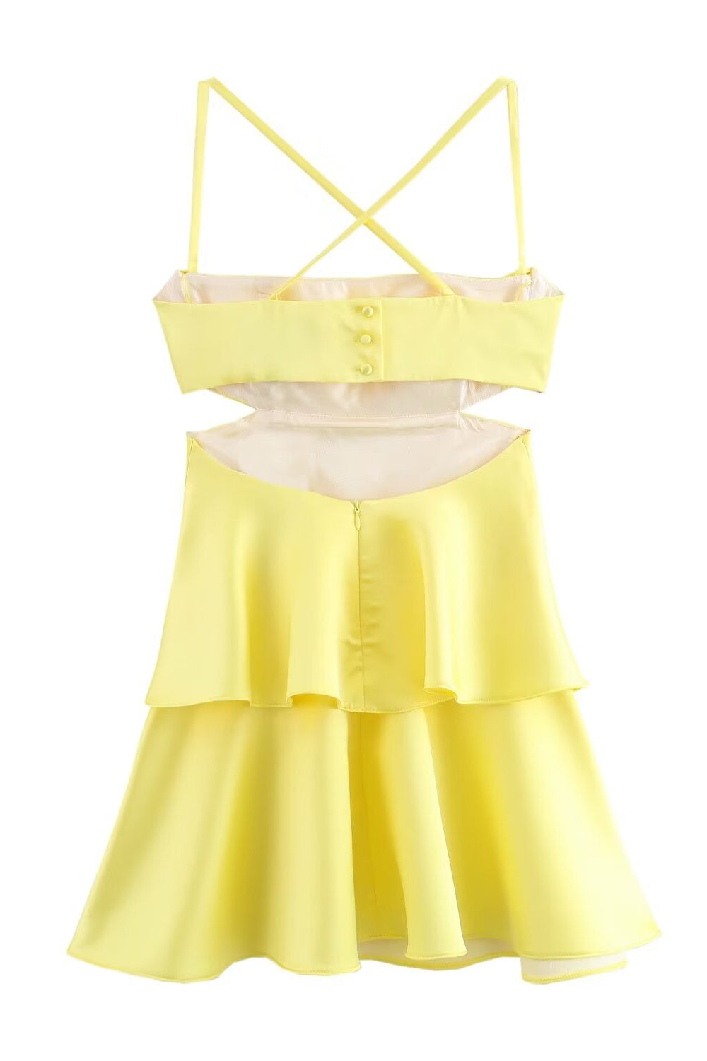 Straps Yellow Tiered Short Dress with Cut-out