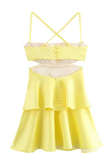 Straps Yellow Tiered Short Dress with Cut-out