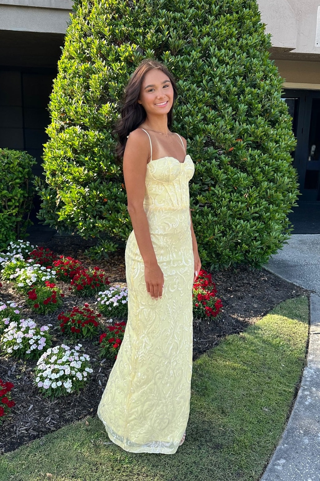 Straps Yellow Sequin Appliques Fitted Long Dress