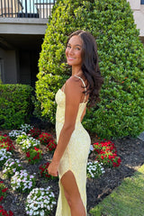 Straps Yellow Sequin Appliques Fitted Long Dress