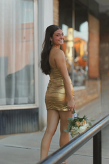 Gold Metallic Beaded Neck Ruched Short Dress