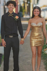 Gold Metallic Beaded Neck Ruched Short Dress