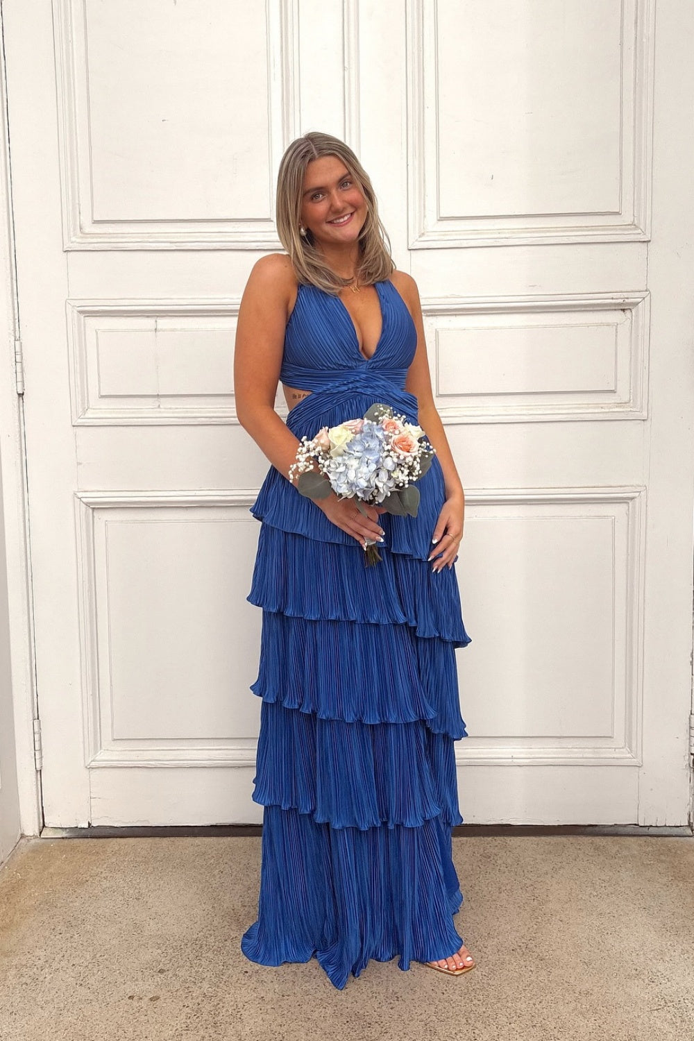 Hot Pink Pleated Tiered Long Prom Dress