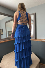 Hot Pink Pleated Tiered Long Prom Dress