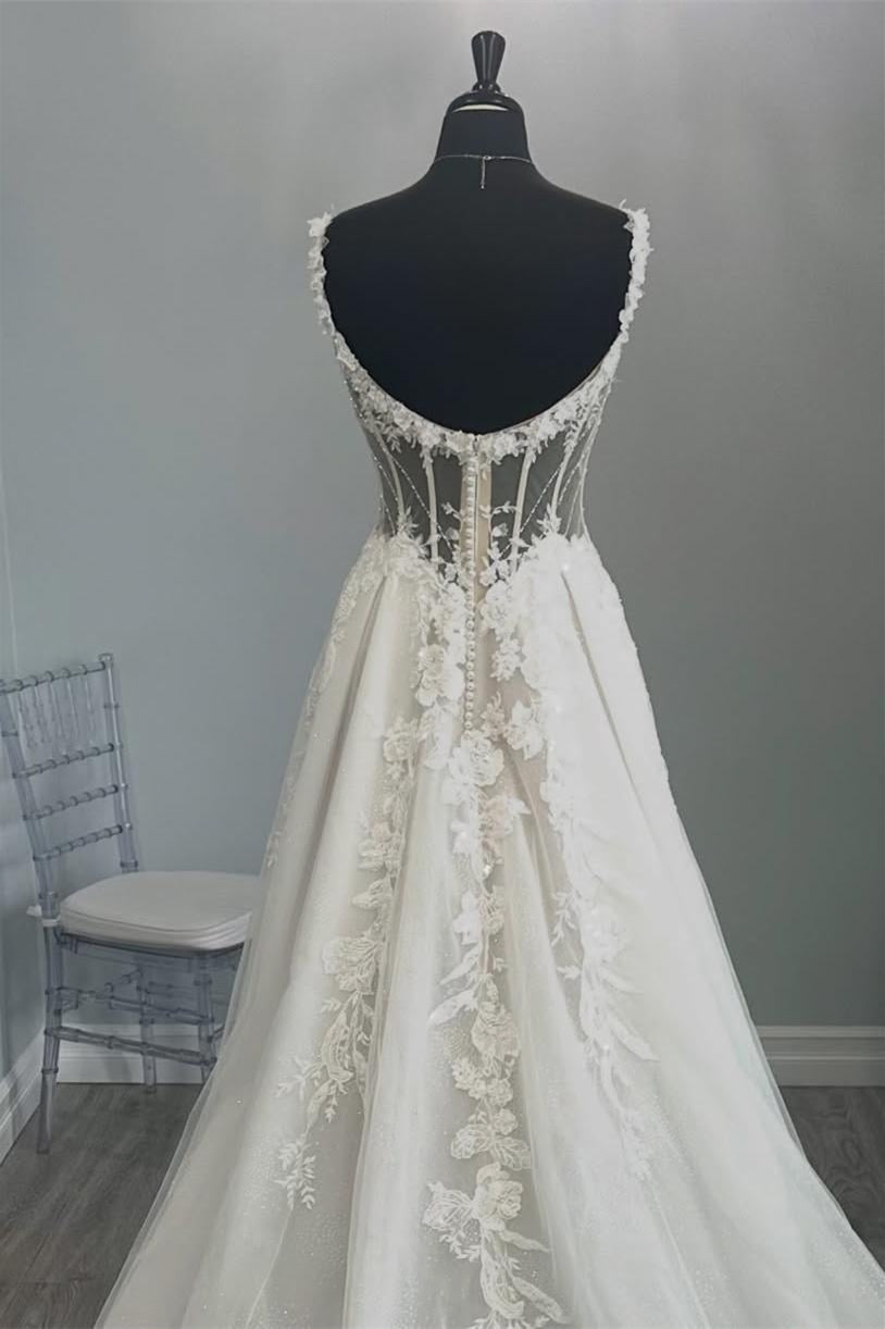 V-neck Ivory Appliques A-line Wedding Dress