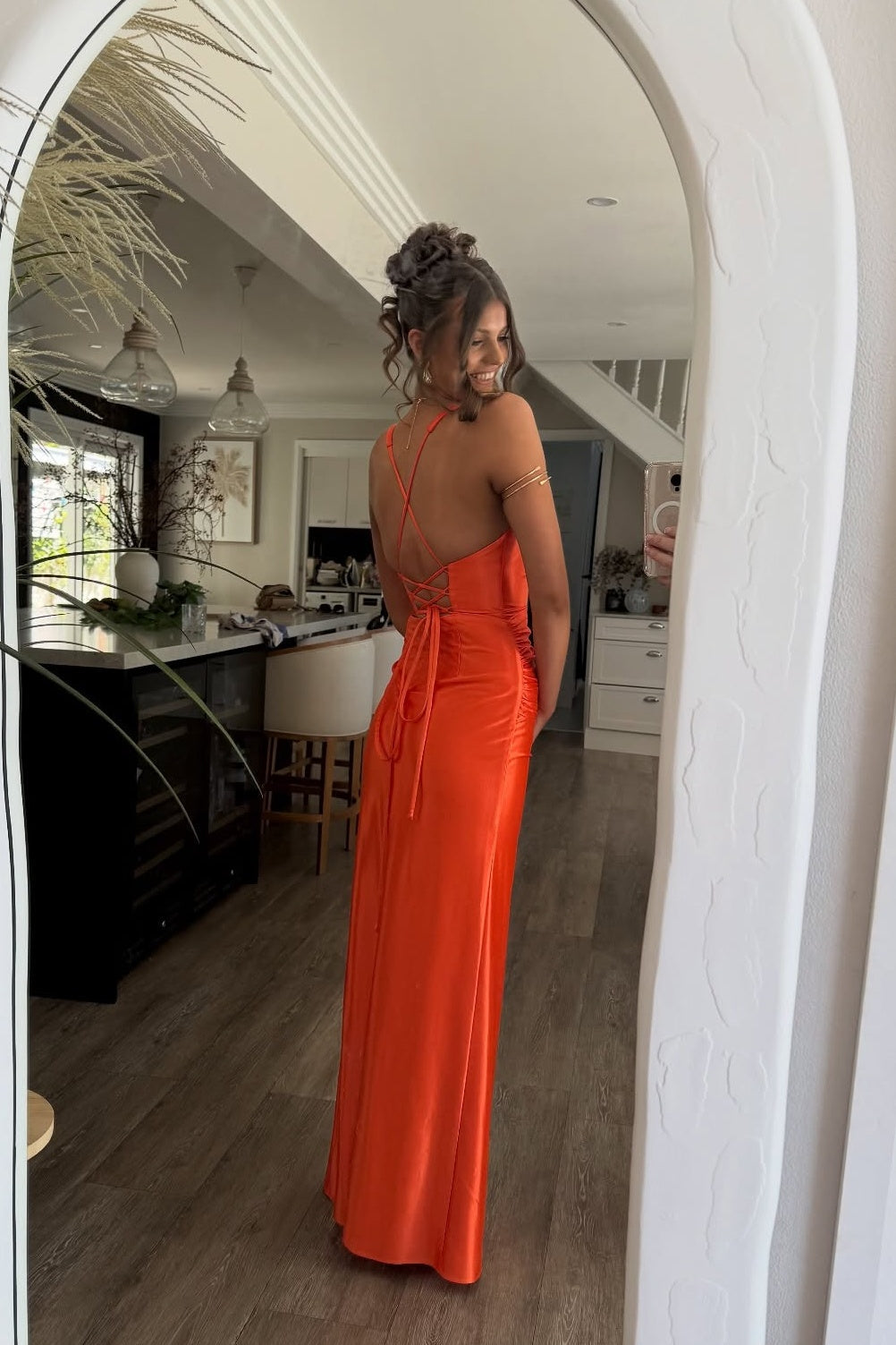 V Neck Orange Satin Fitted Long Dress