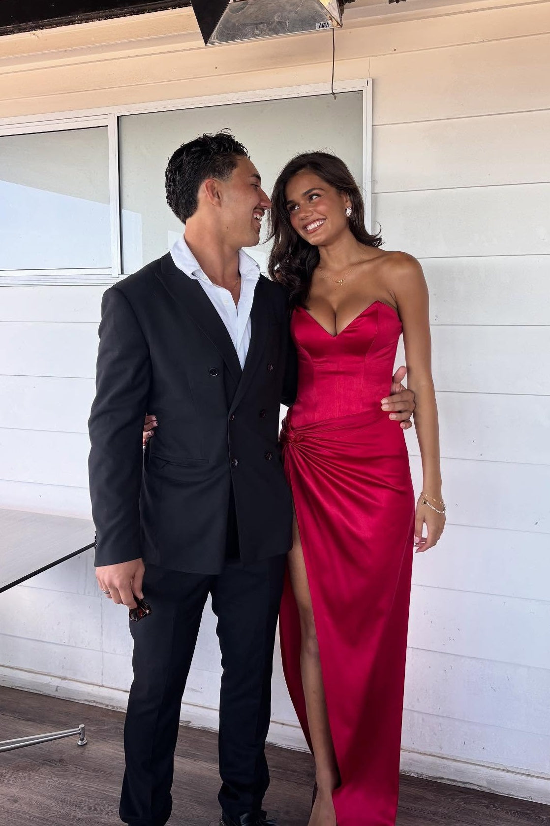 Red Satin Ruched Slit Long Formal Dress