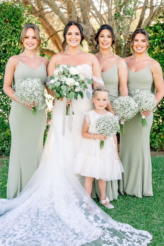 V-neck Sage Green Cowl Back Bridesmaid Dress