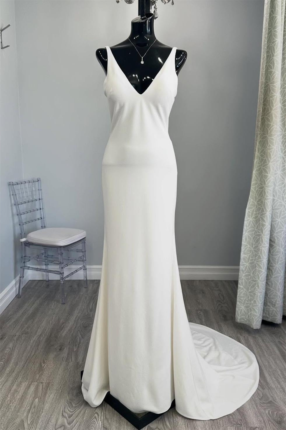V-neck White V Cut Back Mermaid Wedding Dress