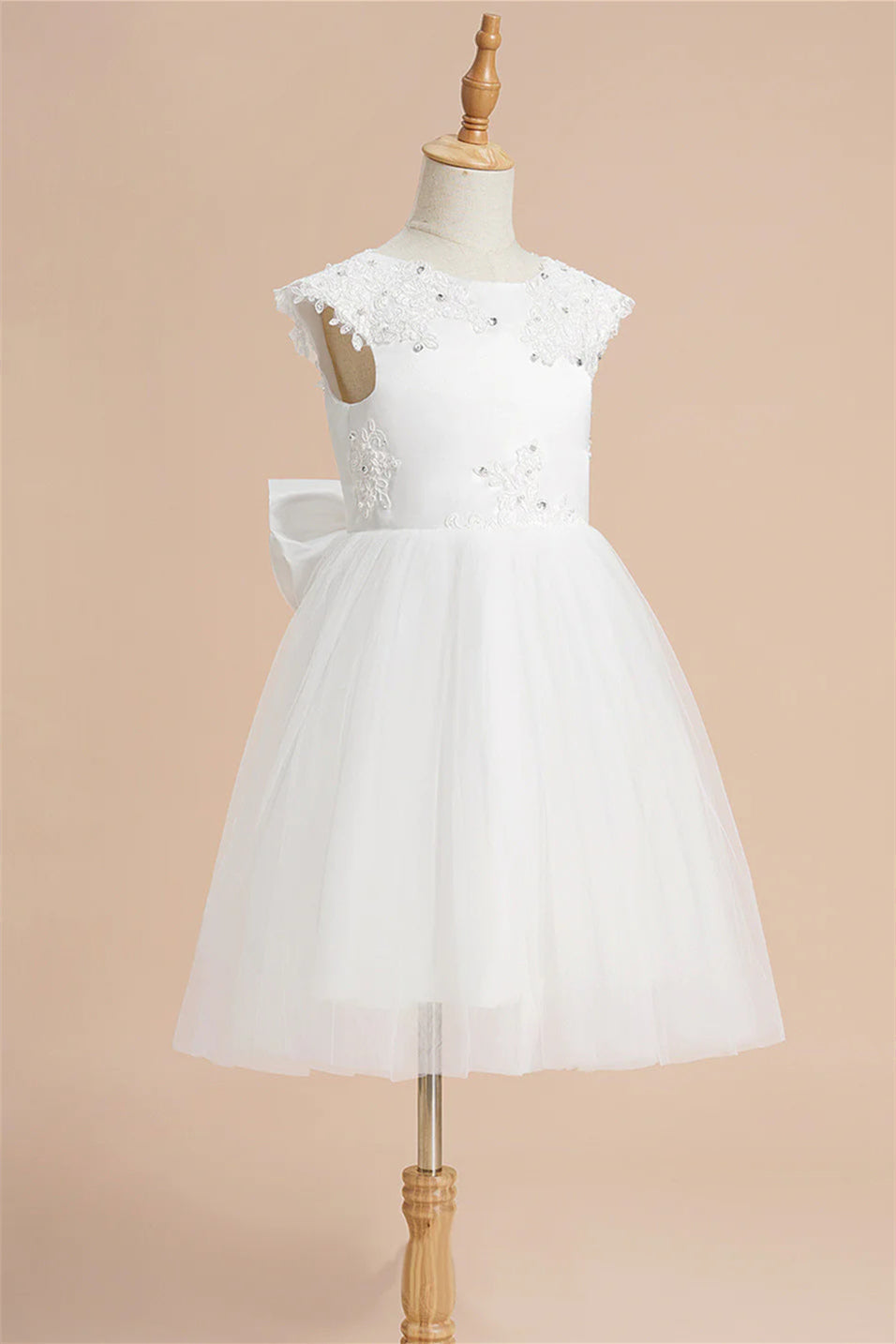 White Appliques A-line Flower Girl Dress with Bow