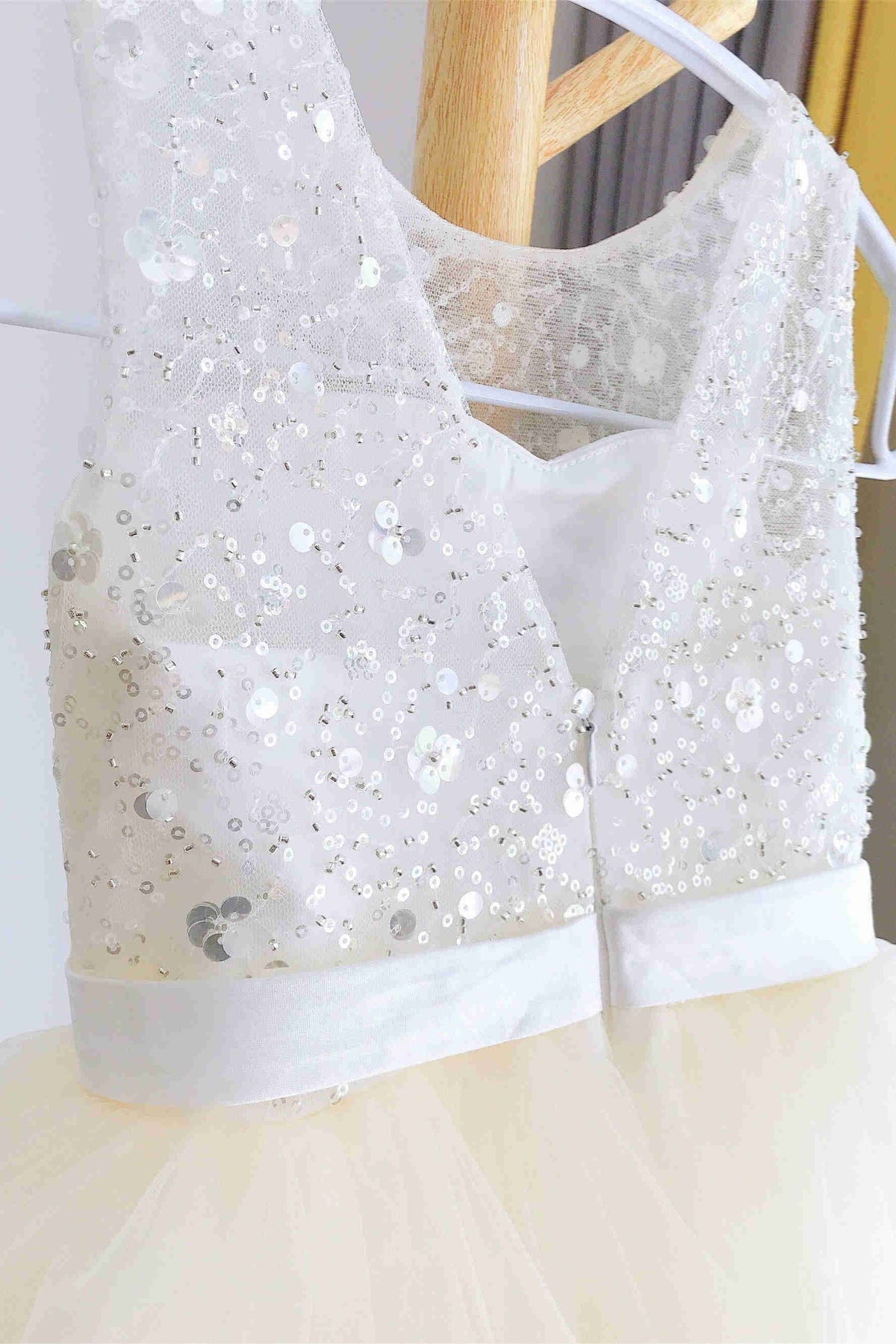 White Tiered Sequin Tulle Flower Girl Dress