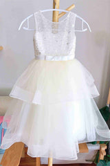 White Tiered Sequin Tulle Flower Girl Dress