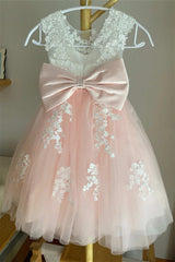 White and Pink Appliques Girl Dress with Bow