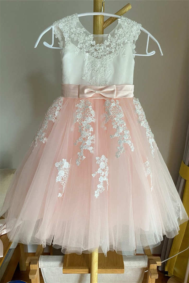 White and Pink Appliques Girl Dress with Bow