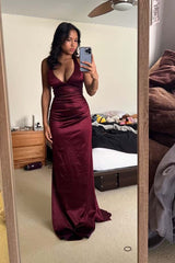 Burgundy V Neck Satin Fitted Long Formal Dress