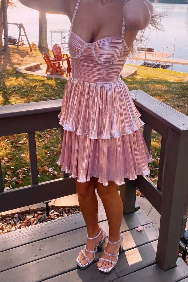 Straps Pink Pleated A-line Short Ruffle Dress Notjustprom Straps Pink Pleated A-line Short Ruffle Dress Notjustprom